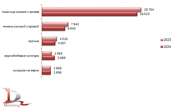 Посевные площади основных сельскохозяйственных культур в России в 2023 – 2024 гг., тыс. га