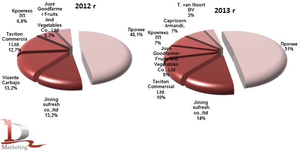 Доли иностранных компаний производителей имбиря в импорте в Россию в 2012-2013 гг., % (натур. выраж.)