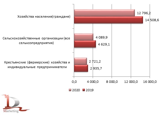 Валовый сбор картофеля по категориям хозяйств в России в 2019 – 2020 гг., тыс. тонн