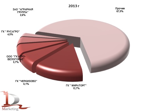 Доли компаний производителей свинины на убой в живом весе в  2013 г., % 